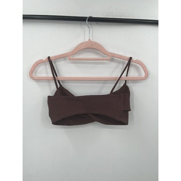 Naked Wardrobe Top Women Small Brown Ribbed Faux Bandage Wrap Cropped - Picture 7 of 7